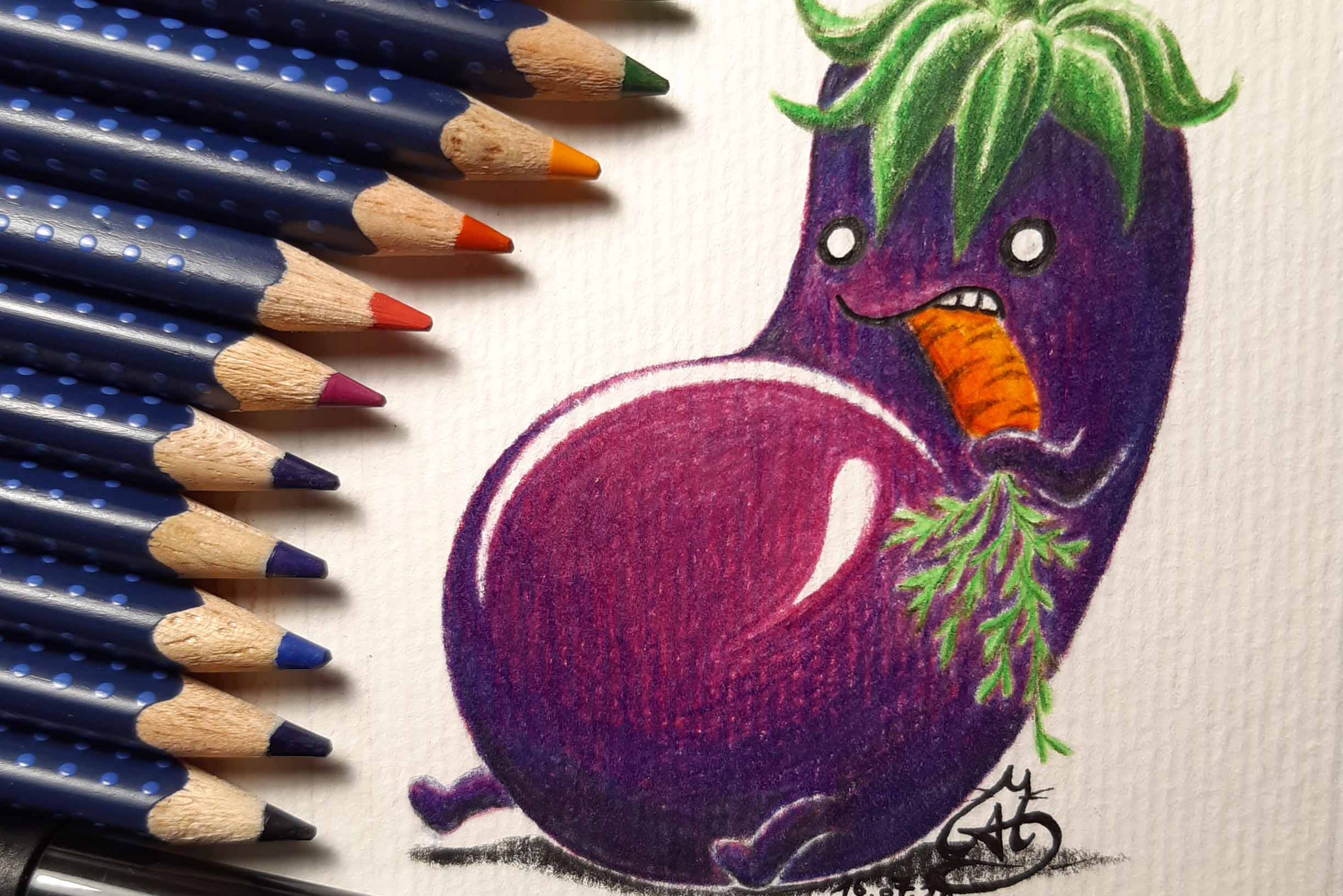 Drawing Of An Cartoon Aubergine Eating A Carrot